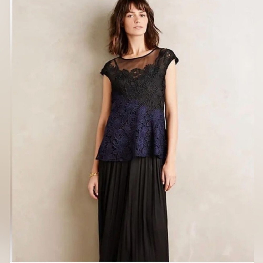 Deletta From Anthropologie Elegant Black & Navy Fade Lace Peplum Top, New Small